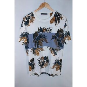 Louis Vuitton Men's Large White Blue Short Sleeve Leaf Print Cotton T-Shirt